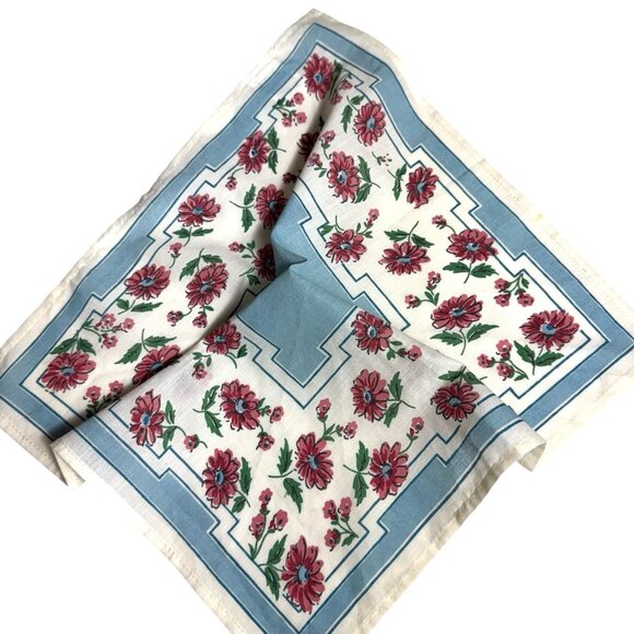 Cotton handkerchief hankie 13 in. by 12-1/4 in. White, Blue with Pink Flowers - Picture 5 of 9